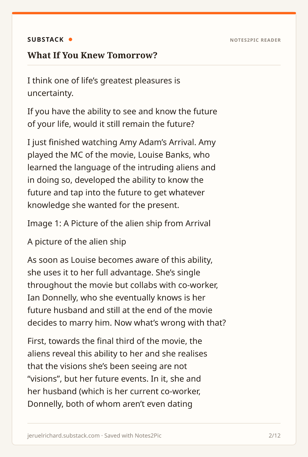 A public Substack article displayed in Notes2Pic's clean reader view.